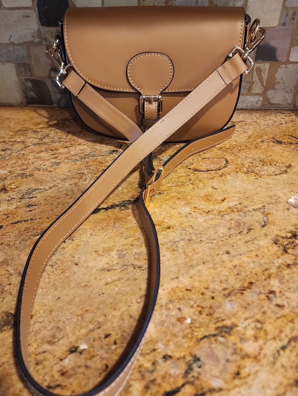 Tan Leather-Look Crossbody Saddle Bag with Adjustable Strap